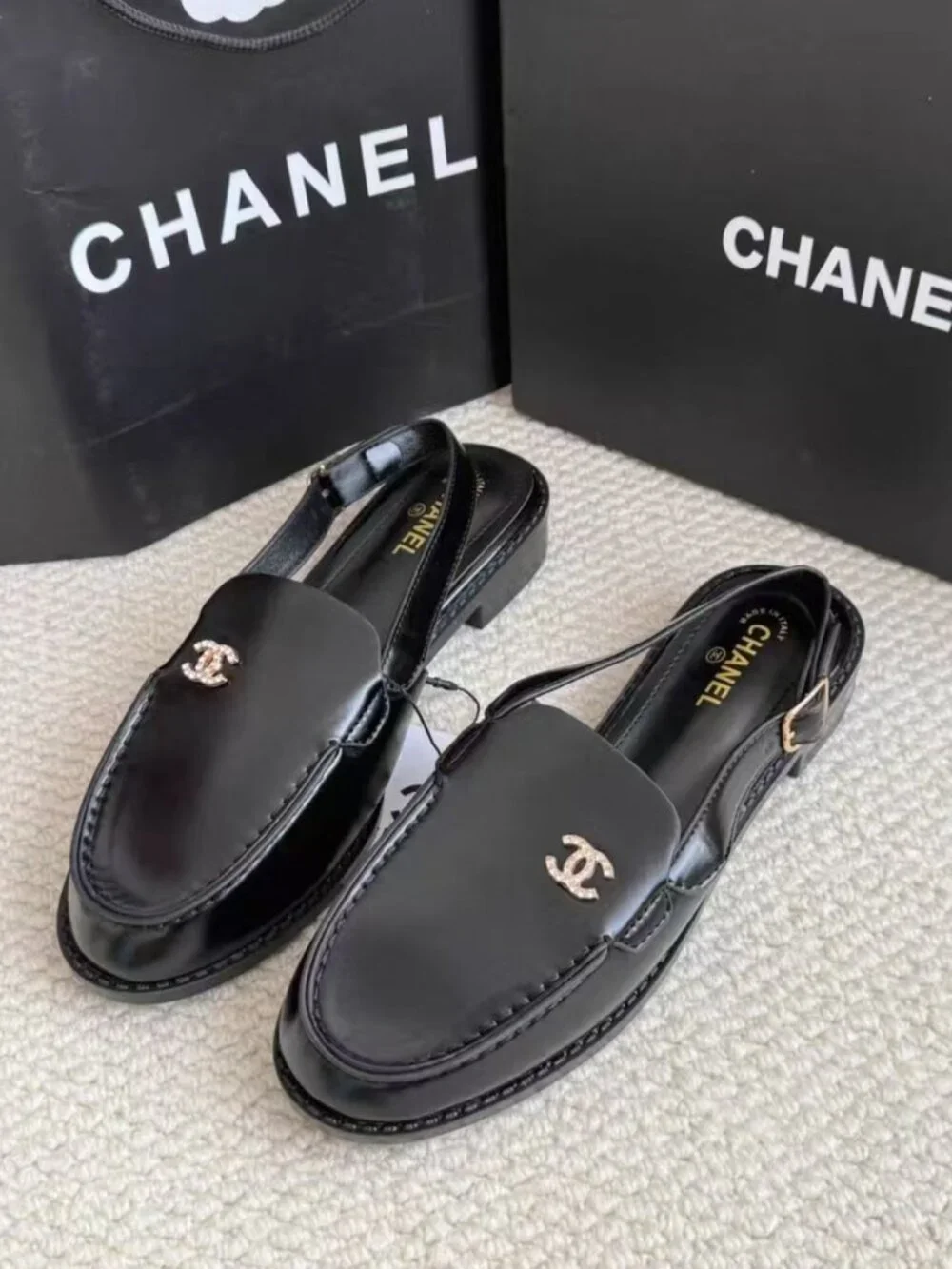 Chanel Crystal CC Logo Black Leather Slingback Loafers